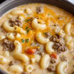 Bowl of Cheeseburger Macaroni Soup topped with shredded cheese and croutons