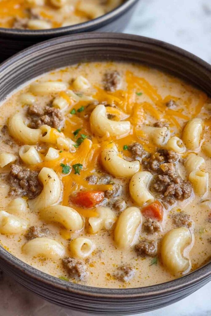 Bowl of Cheeseburger Macaroni Soup topped with shredded cheese and croutons