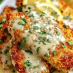 Golden crispy Cheesecake Factory Crusted Chicken Romano served over pasta with arugula and tomatoes