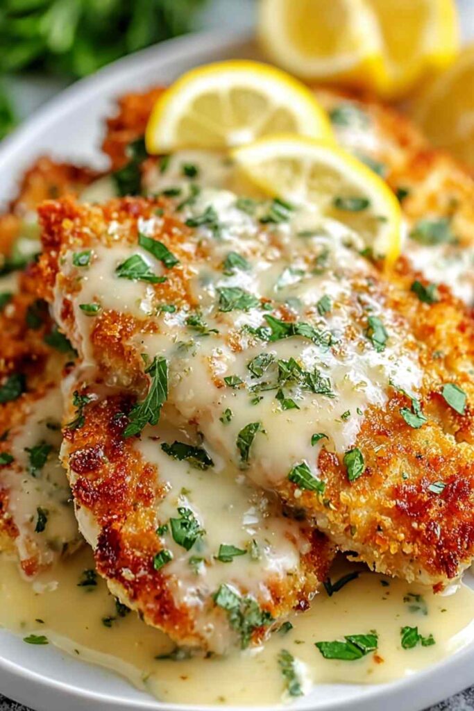 Golden crispy Cheesecake Factory Crusted Chicken Romano served over pasta with arugula and tomatoes