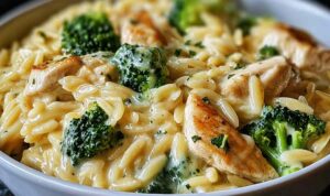 Cheesy chicken broccoli orzo in a large skillet with melted cheddar cheese and tender broccoli florets