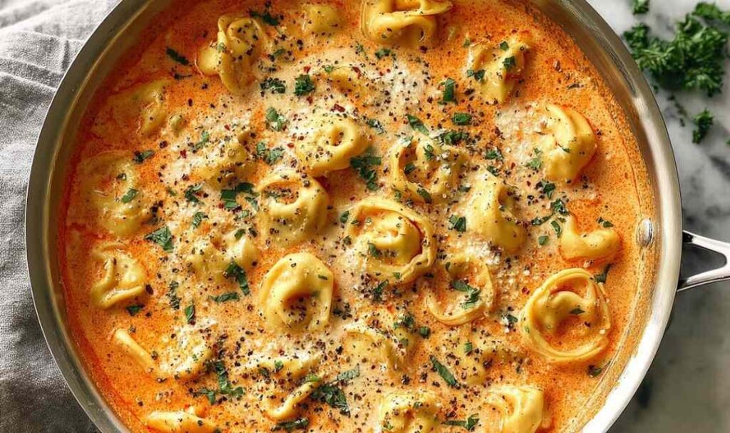 Cheesy tomato tortellini soup in white bowl garnished with Parmesan cheese and basil