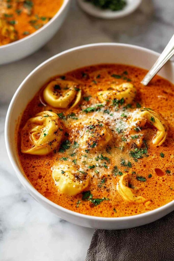 Cheesy tomato tortellini soup in white bowl garnished with Parmesan cheese and basil