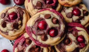 Cherry Chocolate Chip Cookies with Mocha Chips on cooling rack showing chewy texture and golden edges