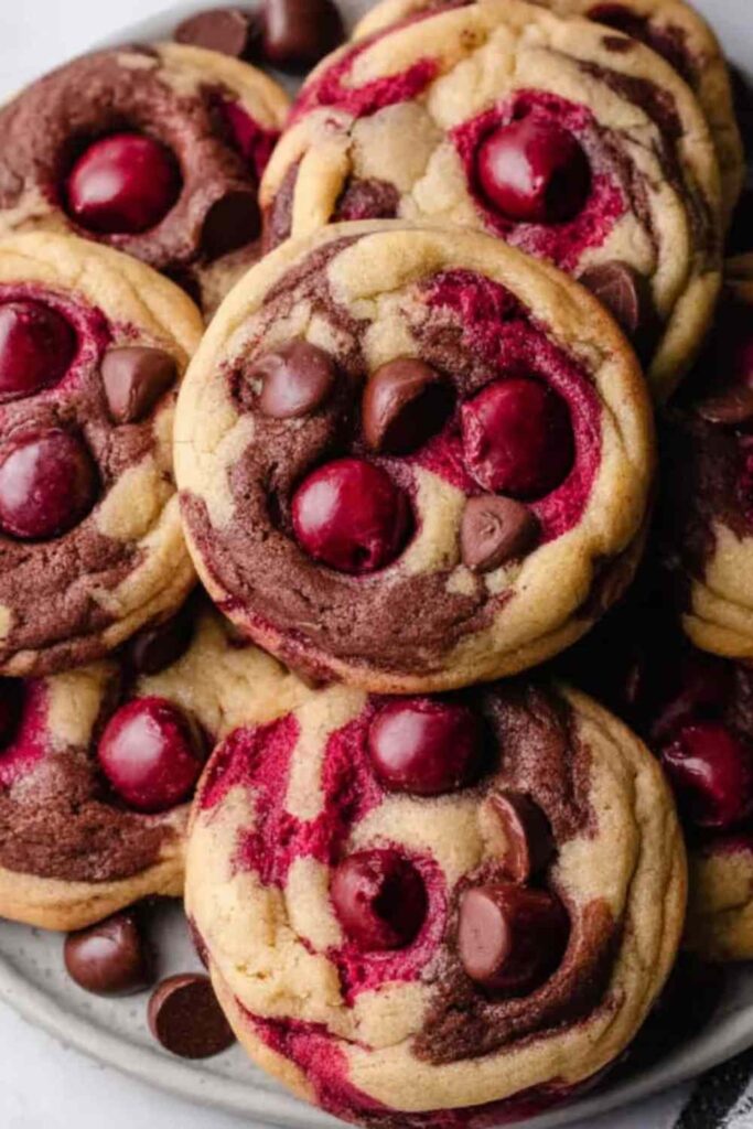 Cherry Chocolate Chip Cookies with Mocha Chips on cooling rack showing chewy texture and golden edges
