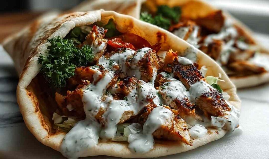 Chicken shawarma wrap with garlic sauce, lettuce, tomatoes, and fresh parsley