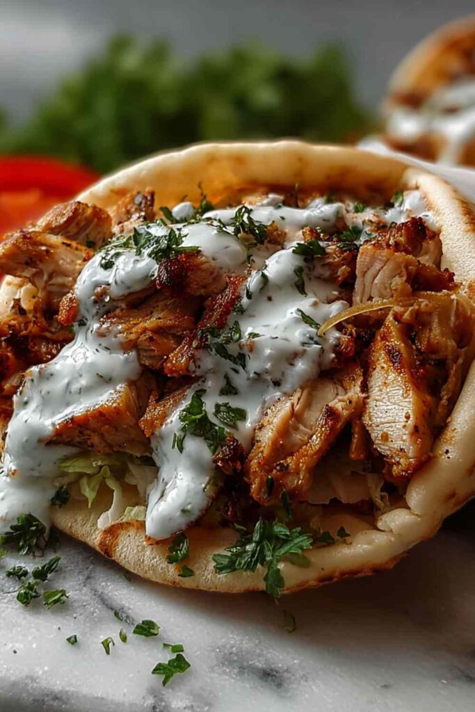 Chicken shawarma wrap with garlic sauce, lettuce, tomatoes, and fresh parsley