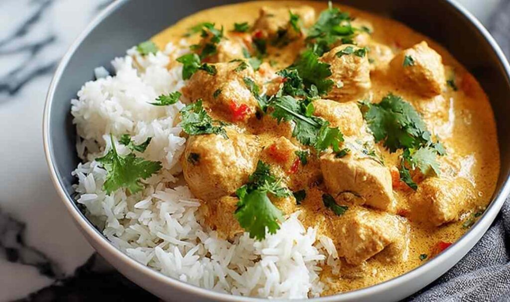 Bowl of coconut curry chicken with cilantro garnish served over jasmine rice