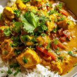 Bowl of coconut curry chicken with cilantro garnish served over jasmine rice