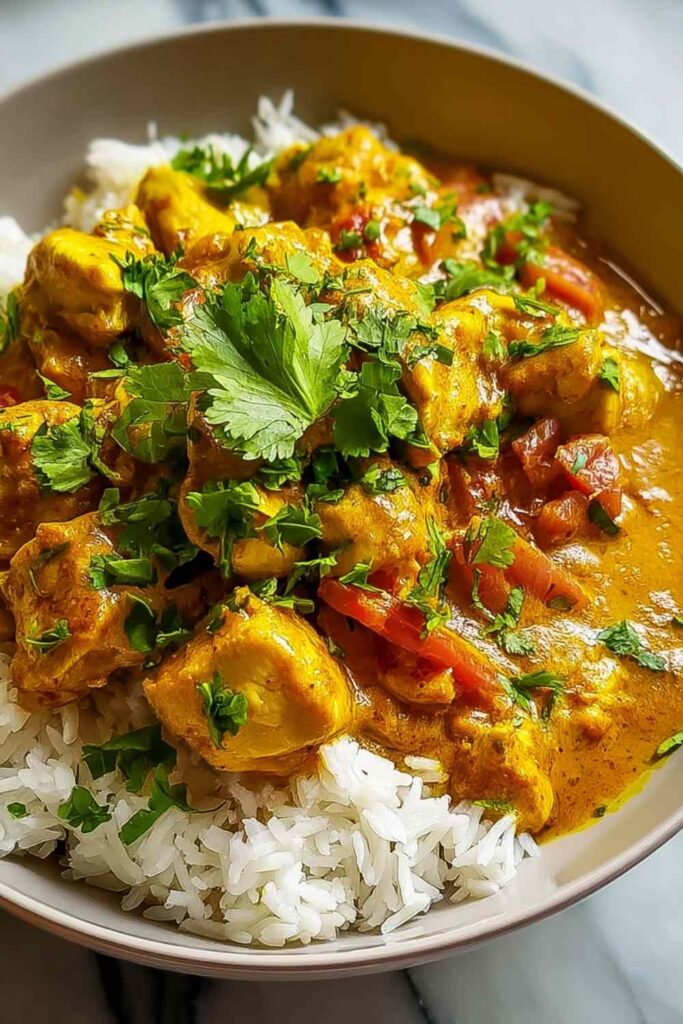 Bowl of coconut curry chicken with cilantro garnish served over jasmine rice