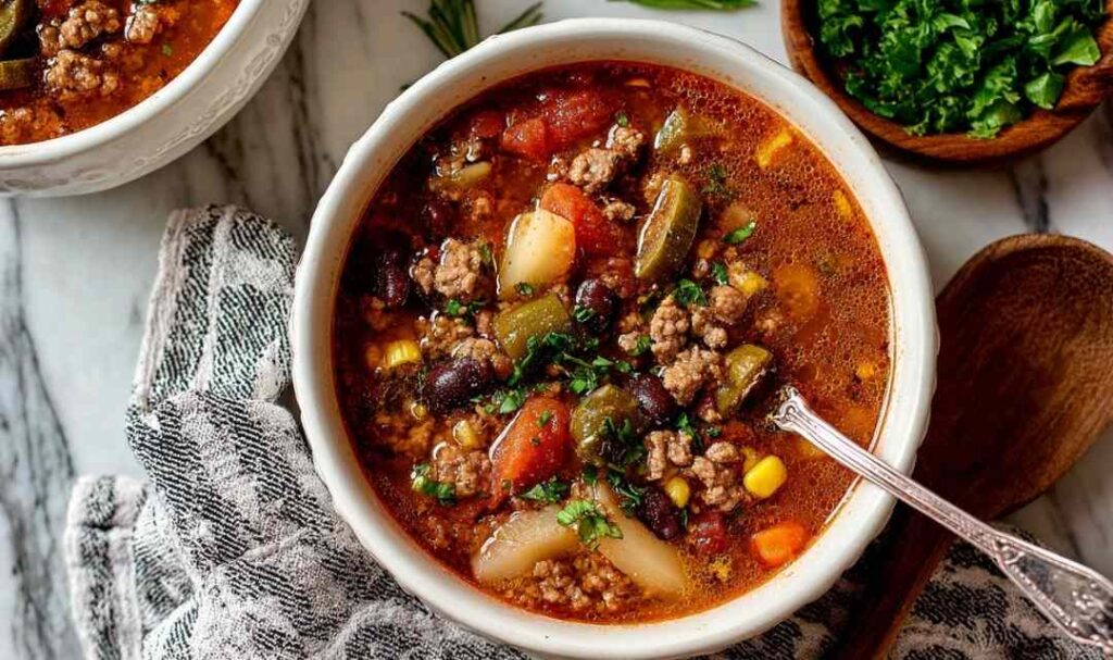Hearty cowboy soup with ground beef and vegetables in white bowl