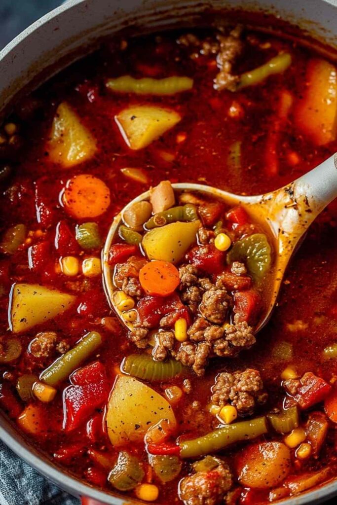 Hearty cowboy soup with ground beef and vegetables in white bowl