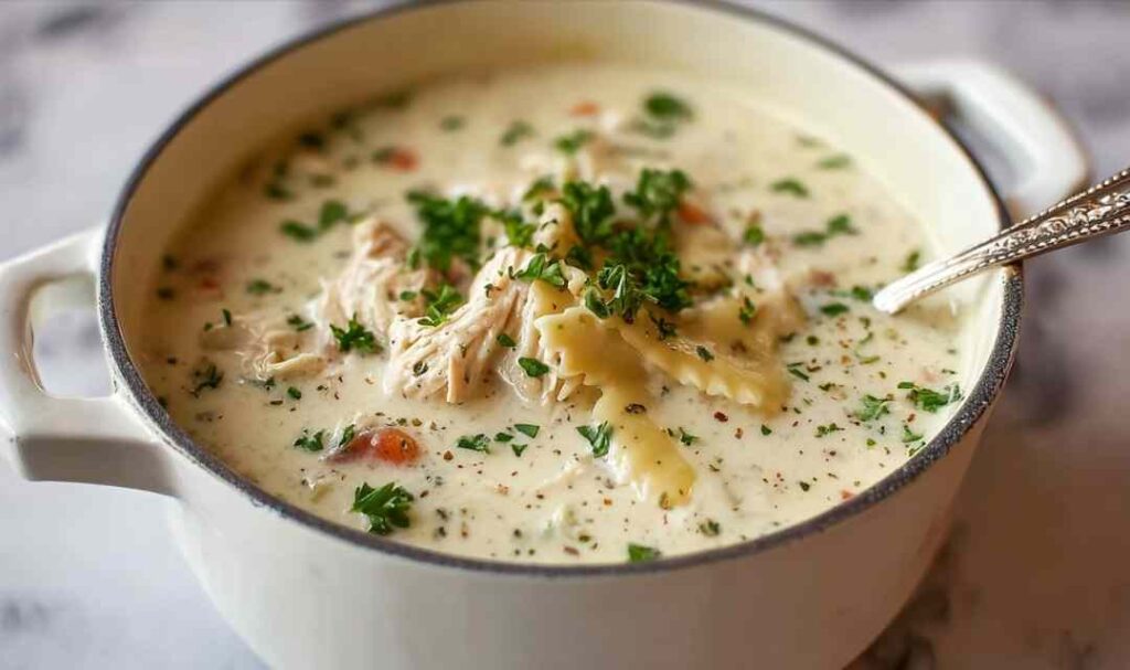 Bowl of creamy chicken alfredo soup garnished with fresh parsley and grated parmesan cheese