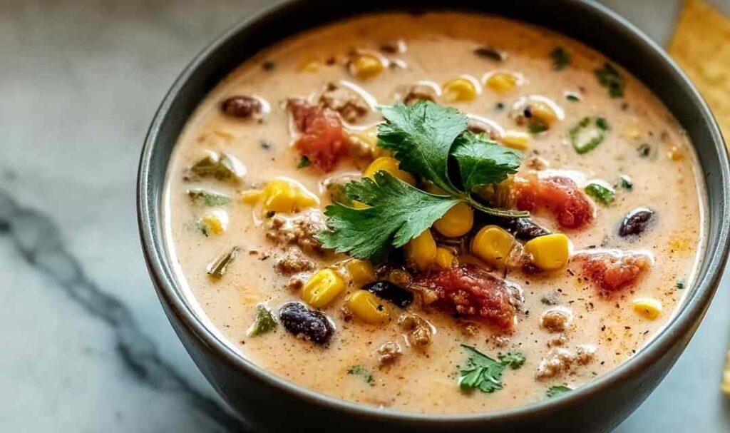 Creamy Cowboy Soup in white bowl topped with green onions and shredded cheese