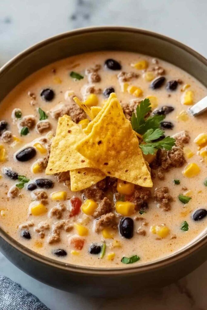 Creamy Cowboy Soup in white bowl topped with green onions and shredded cheese