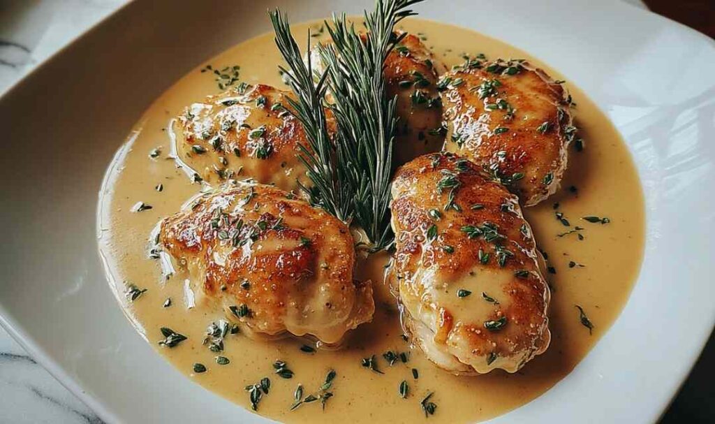 Irish chicken in whiskey cream sauce served on white plate with mashed potatoes and parsley garnish