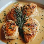 Irish chicken in whiskey cream sauce served on white plate with mashed potatoes and parsley garnish