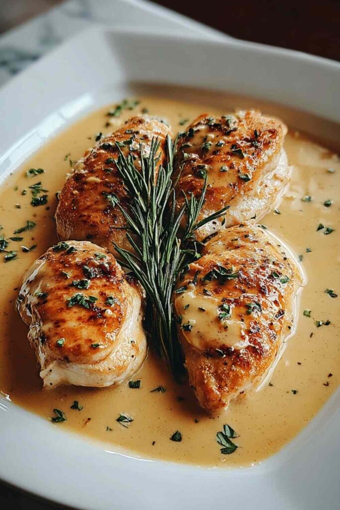 Irish chicken in whiskey cream sauce served on white plate with mashed potatoes and parsley garnish