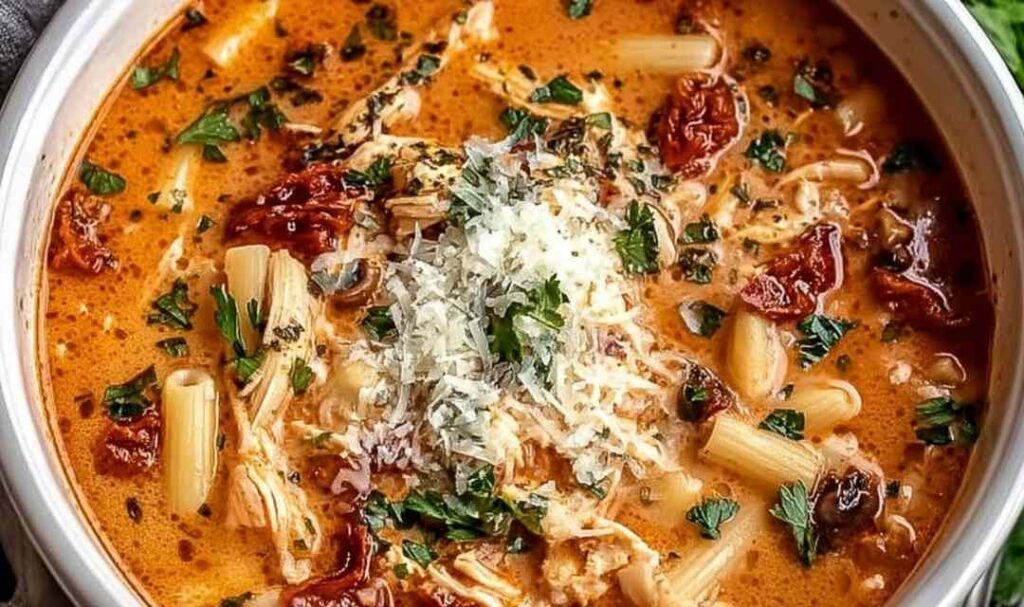 Bowl of creamy Marry Me Chicken Soup with pasta and sun-dried tomatoes garnished with fresh basil