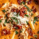 Bowl of creamy Marry Me Chicken Soup with pasta and sun-dried tomatoes garnished with fresh basil