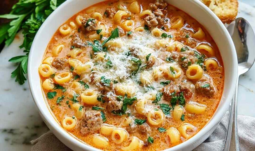 Creamy Parmesan Italian sausage ditalini soup in bowl with fresh parsley garnish