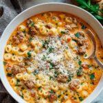 Creamy Parmesan Italian sausage ditalini soup in bowl with fresh parsley garnish