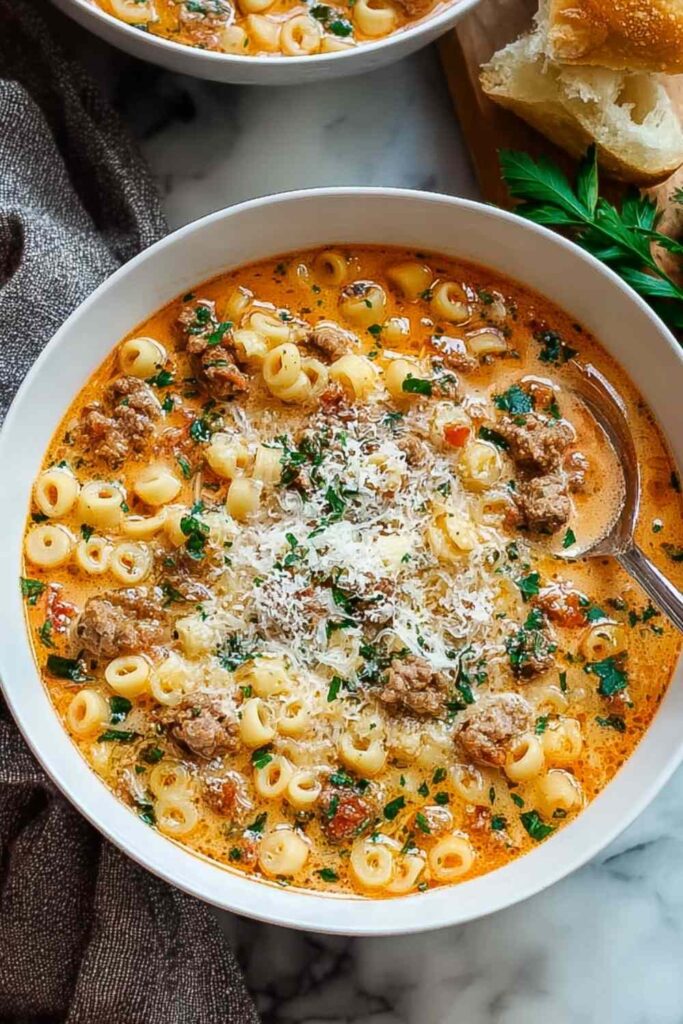 Creamy Parmesan Italian sausage ditalini soup in bowl with fresh parsley garnish