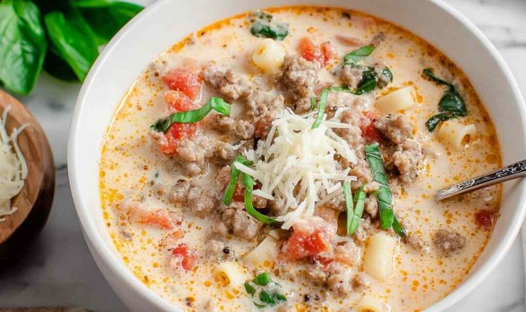 Creamy Parmesan Italian sausage soup with ditalini pasta in white bowl topped with fresh basil