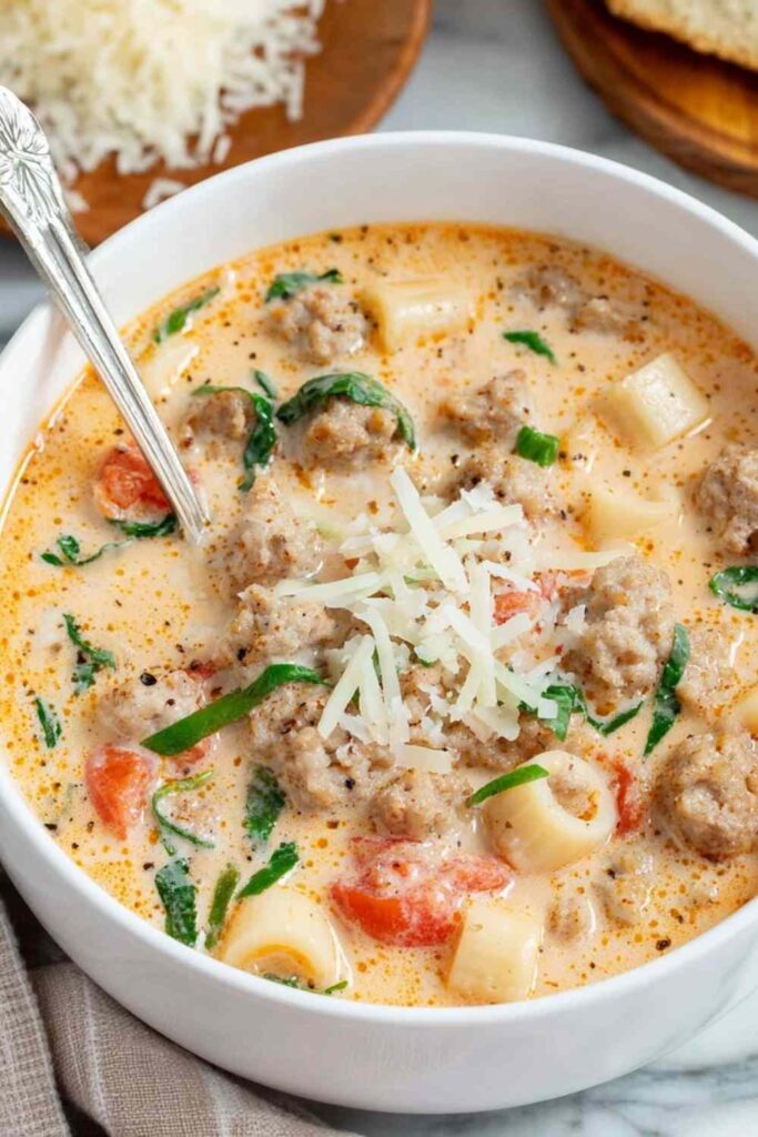 Creamy Parmesan Italian sausage soup with ditalini pasta in white bowl topped with fresh basil