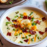 Creamy potato soup in bowl topped with bacon bits cheese and green onions