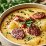 Bowl of creamy smoked kielbasa and potato soup with sausage slices and melted cheese SEO Filename: creamy-smoked-kielbasa-potato-soup-bowl.jpg
