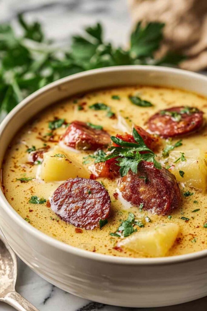 Bowl of creamy smoked kielbasa and potato soup with sausage slices and melted cheese SEO Filename: creamy-smoked-kielbasa-potato-soup-bowl.jpg