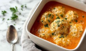 Bowl of Tomato Soup with Cheddar Bay Dumplings garnished with fresh herbs