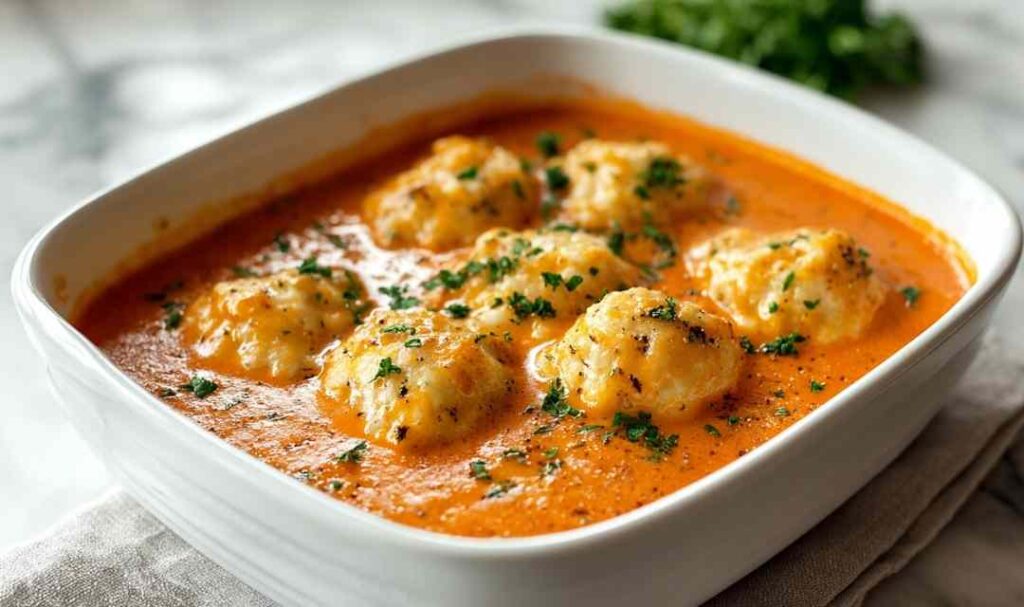 Bowl of Tomato Soup with Cheddar Bay Dumplings garnished with fresh herbs