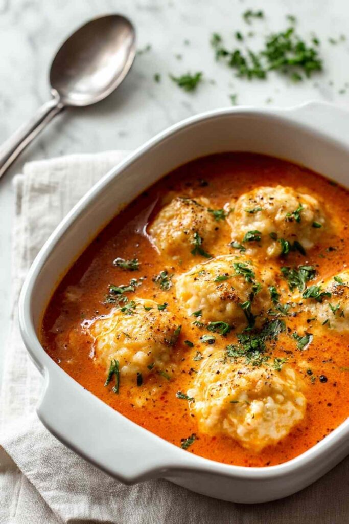 Bowl of Tomato Soup with Cheddar Bay Dumplings garnished with fresh herbs
