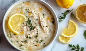 Bowl of crockpot lemon chicken soup with fresh parsley and lemon slices garnish