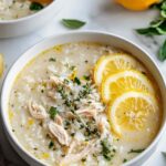 Bowl of crockpot lemon chicken soup with fresh parsley and lemon slices garnish