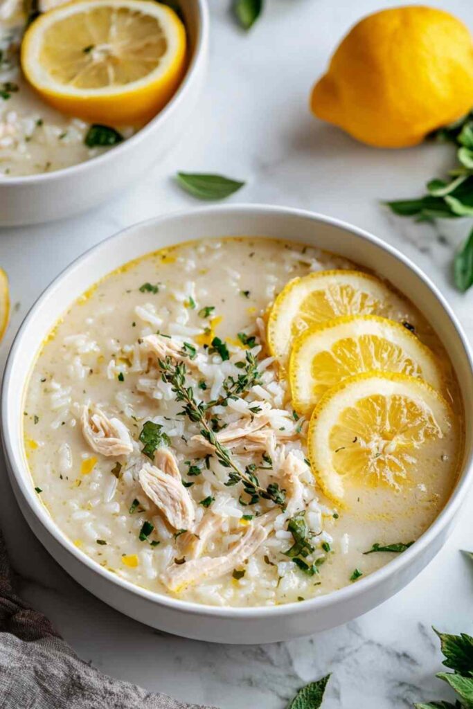 Bowl of crockpot lemon chicken soup with fresh parsley and lemon slices garnish