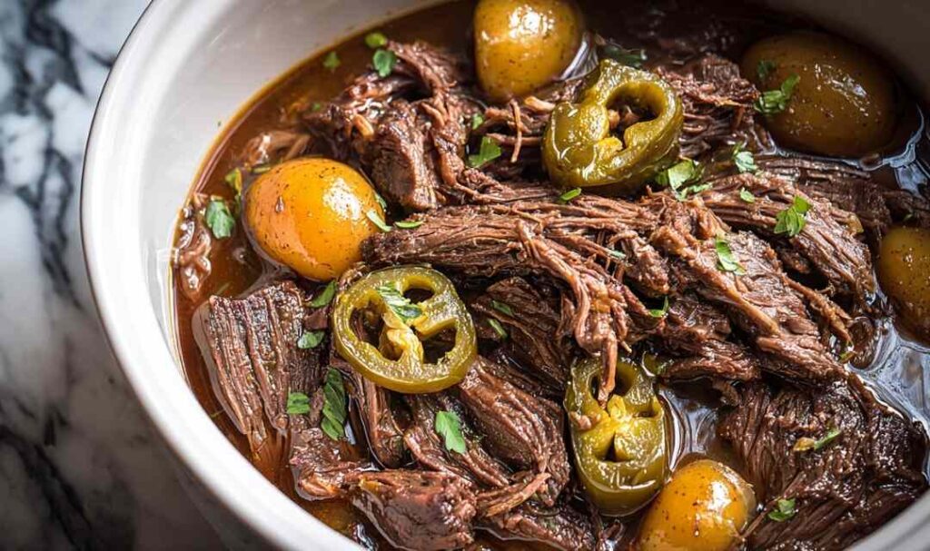 Shredded crockpot Mississippi pot roast in slow cooker with pepperoncini and rich gravy