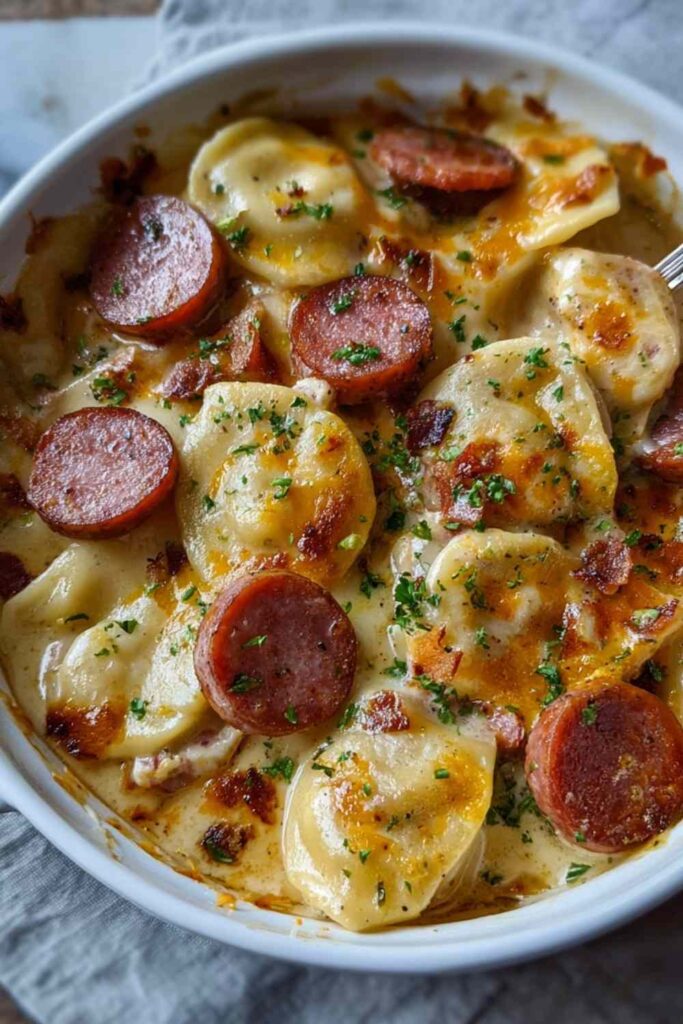 Crockpot Pierogi Casserole with Kielbasa