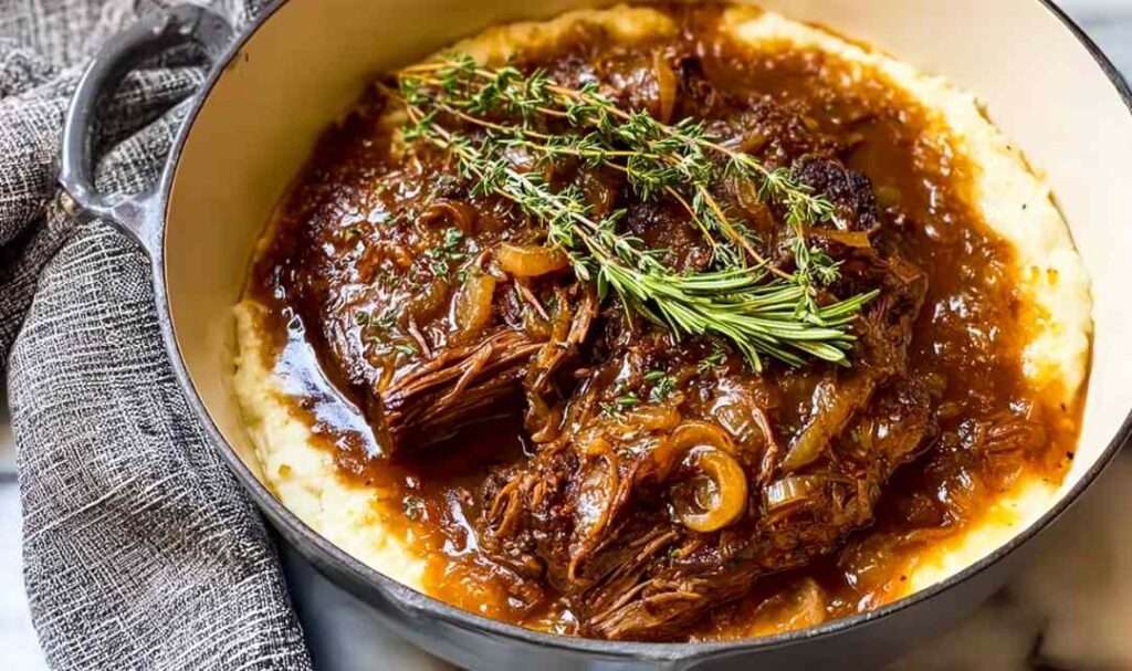 French Onion Pot Roast with caramelized onions in Dutch oven
