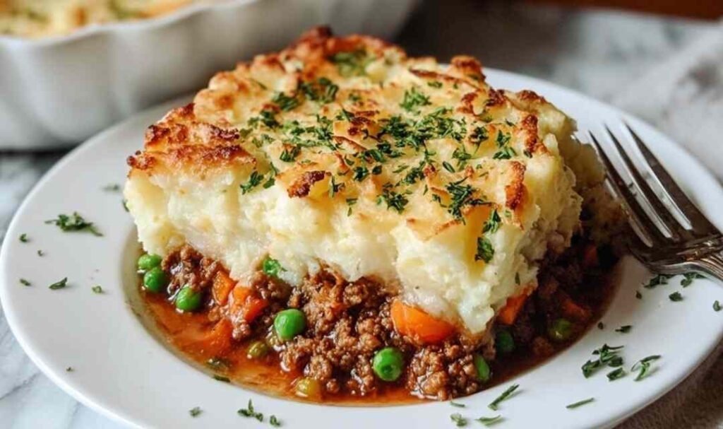 Easy shepherd's pie casserole with golden mashed potato topping in baking dish