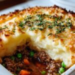 Easy shepherd's pie casserole with golden mashed potato topping in baking dish