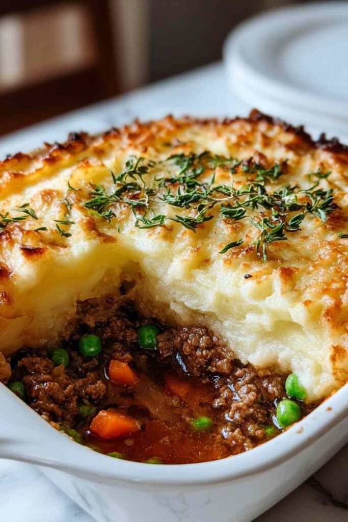 Easy shepherd's pie casserole with golden mashed potato topping in baking dish