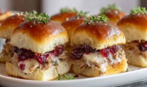 Easy Turkey Cranberry Sliders on baking dish with melted cheese