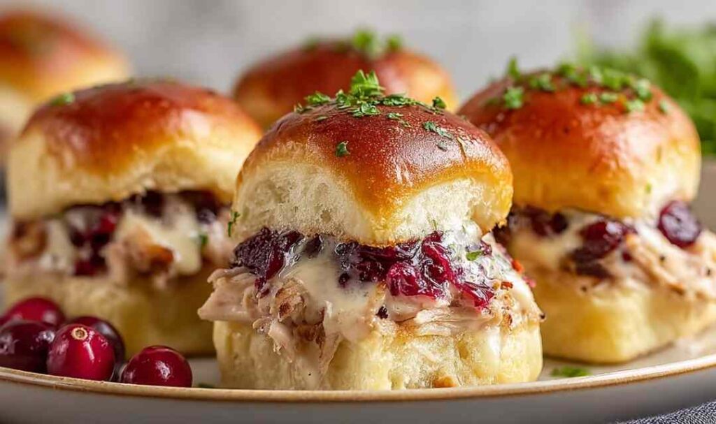 Easy Turkey Cranberry Sliders on baking dish with melted cheese