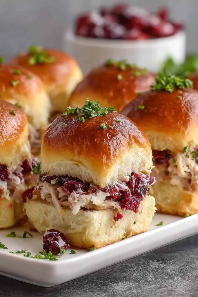 Easy Turkey Cranberry Sliders on baking dish with melted cheese