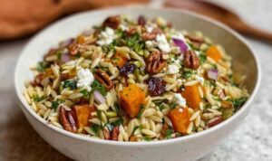 Fall Harvest Orzo Salad with roasted butternut squash, apples, and feta cheese