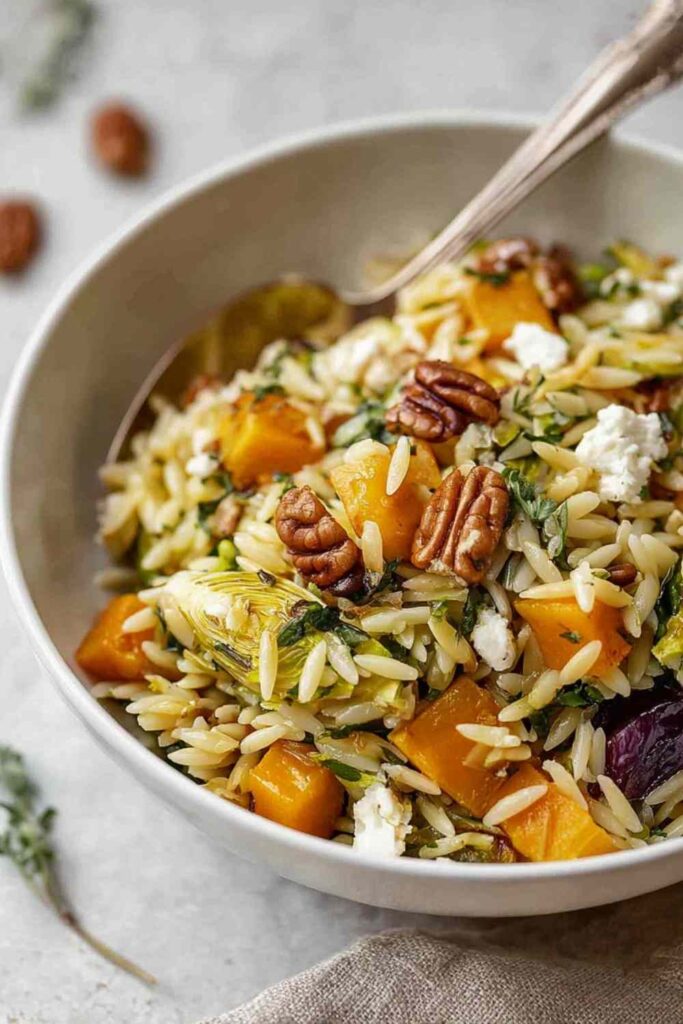 Fall Harvest Orzo Salad with roasted butternut squash, apples, and feta cheese