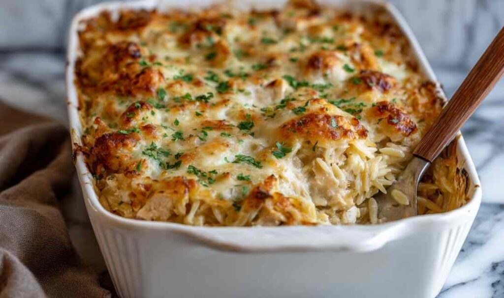 French onion chicken orzo casserole in skillet with melted cheese and caramelized onions